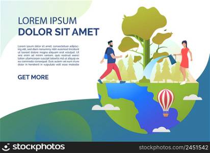 Man hiking, woman watering tree on Earth and sample text. Lifestyle, leisure, activity concept. Presentation slide template. Vector illustration for topics like vacation, nature, summer. Man hiking, woman watering tree on Earth and sample text