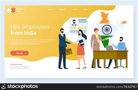 Man hiring employees from oriental countries, indian workers on interview with director of organization. Businessman with people, recruiting. Website or webpage template, landing page flat style. Hire Employees from India Meeting Interview Web