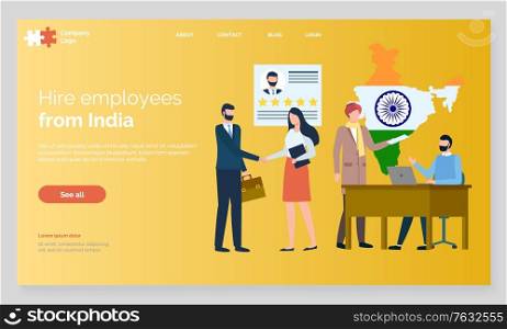 Man hiring employees from oriental countries, indian workers on interview with director of organization. Businessman with people, recruiting. Website or webpage template, landing page flat style. Hire Employees from India Meeting Interview Web