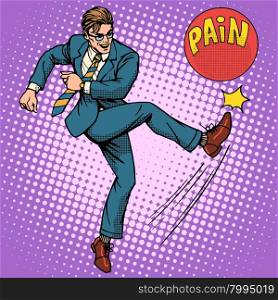 Man hits ball with name pain pop art retro style. Medical and mental health. Medicines and treatment. Pharmacy and pills. Man hits ball with name pain