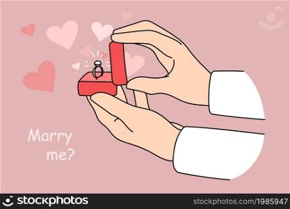 Man hold jewelry box with ring make marriage proposition to woman lover. Male do engagement offer to beloved girl. Newlywed, getting married concept. Will you marry me. Flat vector illustration. . Man hold jewelry box with ring make proposal