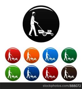 Man hold lawn mower icons set 9 color vector isolated on white for any design. Man hold lawn mower icons set color