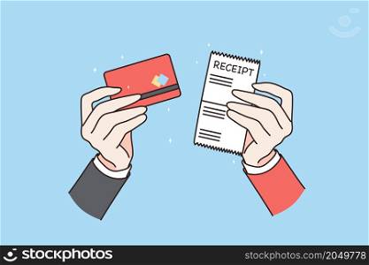 Man hold receipt and credit debit card make purchase in shop or store. Person client show bill buy offline with cashless payment method. Consumerism and easy banking. Flat vector illustration. . Person show purchase receipt and credit card
