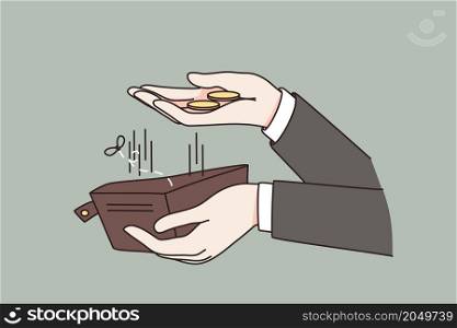 Man hold wallet count money coins suffer from bankruptcy. Male bankrupt with empty purse struggle with unemployment. Crisis and failure concept. Financial problem in life. Vector illustration. . Man hold wallet count coins have financial problems