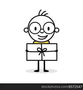 Man holding a gift box. Cartoon Christmas character concept. Isolated vector stock illustration.