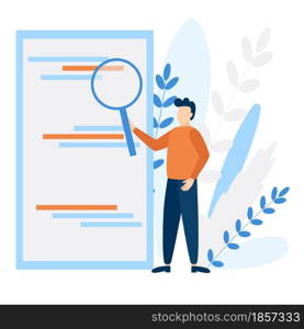 Man holding a magnifying glass flat vector. Concept of information search, research. Illustration of finding a solution.. Man holding a magnifying glass flat vector.