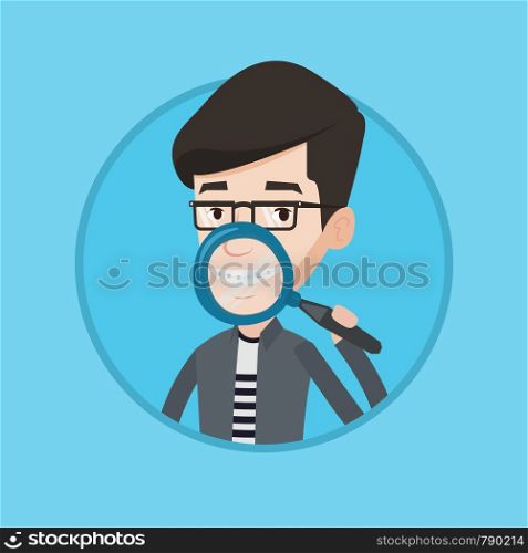 Man holding a magnifying glass in front of his teeth. Caucasian man examining his teeth with magnifier. Concept of teeth examining. Vector flat design illustration in the circle isolated on background. Man brushing his teeth vector illustration.