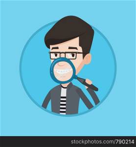 Man holding a magnifying glass in front of his teeth. Caucasian man examining his teeth with magnifier. Concept of teeth examining. Vector flat design illustration in the circle isolated on background. Man brushing his teeth vector illustration.