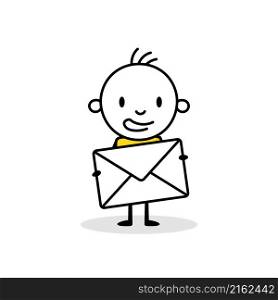 Man holding a mailing envelope isolated on white background. Hand drawn doodle line art man. Vector stock illustration.