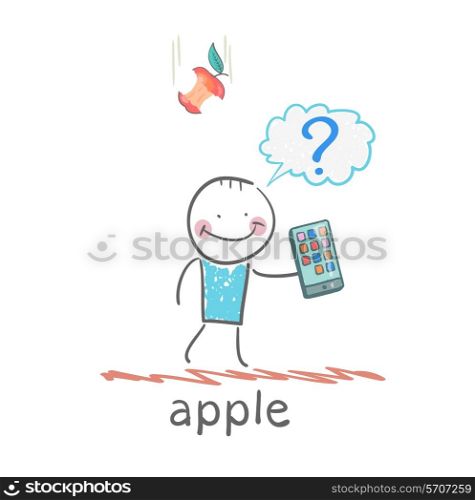 man holding a mobile phone and an apple falls on his head