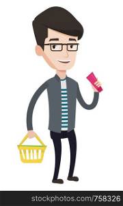 Man holding a shopping basket in one hand and a tube of cream in another. Caucasian male customer shopping at supermarket with basket. Vector flat design illustration isolated on white background.. Customer with shopping basket and tube of cream.