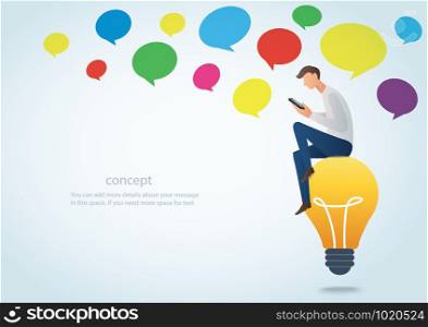 man holding a smartphone sitting on the lightbulb with colorful could chat box
