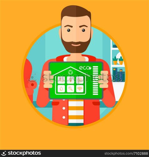 Man holding a tablet computer with remote home control system on a screen. Man showing tablet with smart home app on a screen. Vector flat design illustration in the circle isolated on background.. Smart home automation.