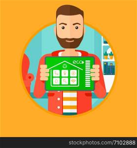 Man holding a tablet computer with remote home control system on a screen. Man showing tablet with smart home app on a screen. Vector flat design illustration in the circle isolated on background.. Smart home automation.