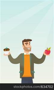Man holding an apple and a cupcake in hands. Man choosing between an apple and a cupcake. Concept of choice between healthy and unhealthy nutrition. Vector flat design illustration. Vertical layout.. Man choosing between apple and cupcake.