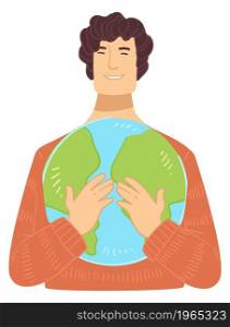 Man holding and cuddling model of planet earth in hands, embracing and caring for nature and ecology. Male character with smile on face protecting environment and nature. Vector in flat style. Male character holding planet earth globe in hands