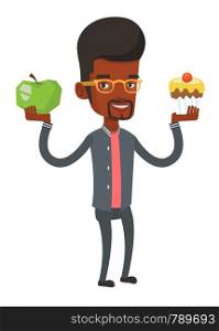 Man holding apple and cupcake in hands. Man choosing between apple and cupcake. Concept of choice between healthy and unhealthy nutrition. Vector flat design illustration isolated on white background.. Man choosing between apple and cupcake.