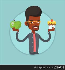 Man holding apple and cupcake in hands. Man choosing between apple and cupcake. Choice of healthy or unhealthy nutrition concept. Vector flat design illustration in the circle isolated on background.. Man choosing between apple and cupcake.