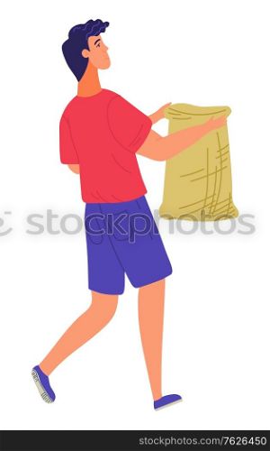 Man holding bag, agricultural worker carrying sack. Harvester with burlap, person going outdoor, rural element of decoration, harvesting occupation vector. Flat cartoon. Male Carrying Burlap, Agricultural Work Vector