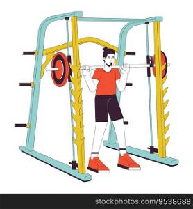 Man holding barbell in smith machine flat line color vector character. Editable outline full body person on white. Performing powerlifting simple cartoon spot illustration for web graphic design. Man holding barbell in smith machine flat line color vector character