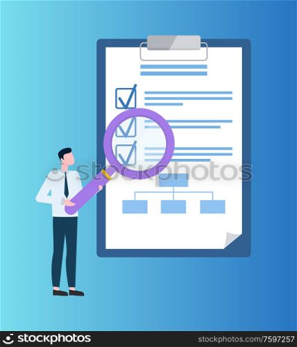 Man holding big loupe and looking at paper with check marks near completed items flat vector. Person with magnifier, plan of targets and strategy. Man Holding Big Loap, Looking at Paper Vector
