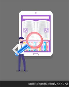 Man holding big loupe, online library web page, using tablet for distance learning and education. Open e-book, journal and other media in screen vector. Man holding big loup, Online Library Book Vector