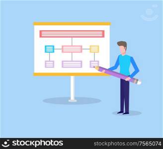 Man holding big pencil and showing scheme on presentation, standing man near spreadsheet. Colorful panel construction, billboard with shadow in flat vector. Man with Pencil Showing Scheme on Panel Vector