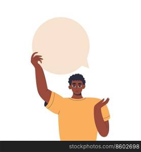 Man holding blank speech bubble above his head, inspiration, idea. Customer feedback, testimonial, online survey, communication, chat. Social network dialogue. User satisfaction. Flat illustration.