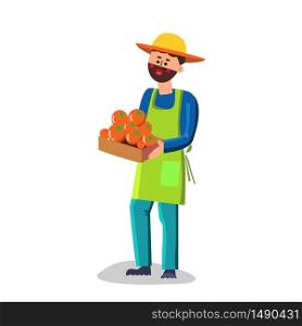 Man Holding Box With Persimmon Vector. Bearded Farmer Boy Persimmon Fruit In Carton Container. Garden Worker Or Smiling Male Grocery Shop Assistant Flat Cartoon Illustration. Man Holding Box With Persimmon Character Vector
