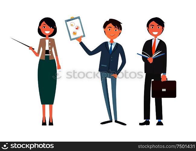 Man holding business plan and woman with pointer in hands vector. Director showing analysis of work, director planning strategy. Managers meeting. Man Holding Business Plan and Woman with Pointer