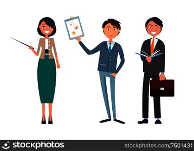Man holding business plan and woman with pointer in hands vector. Director showing analysis of work, director planning strategy. Managers meeting. Man Holding Business Plan and Woman with Pointer