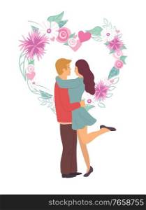 Man holding by woman waist, girlfriend embracing boyfriend, side view of couple standing together, postcard decorated by flowers in heart shape vector. Couple Standing Together, Flowers and Love Vector