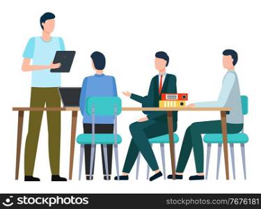 Man holding clipboard reporting on business project. Isolated team of employees on office meeting. Boss with workers listening and making proposals. Brainstorming in office. Vector in flat style. Business Meeting or Seminar, Report of Worker