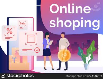 Man holding coin, making order and shopping online. Internet, buying, marketing concept. Poster or landing template. Vector illustration for topics like business, sale, online shopping