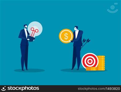Man Holding coin with light bulb. Businessman Trying Catch target with Dollar. Vector Flat Illustration