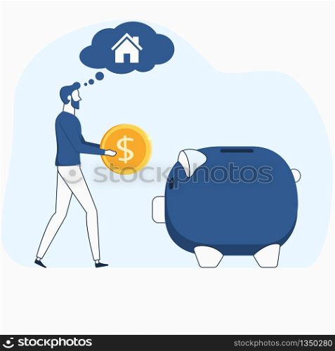 Man holding coin with piggy. saving money for purchase house concept. Flat line art vector illustration