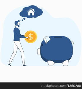 Man holding coin with piggy. saving money for purchase house concept. Flat line art vector illustration