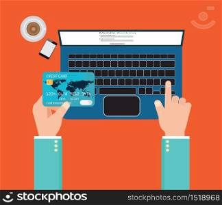 Man holding credit card in hand and entering security code using laptop keyboard, Banking payment design, vector illustration.