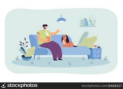 Man holding cup of coffee sitting on sofa with his dog. Spending time with domestic animal at home flat vector illustration. Pet care, leisure concept for banner, website design or landing web page