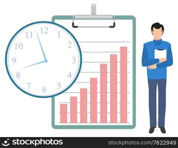 Man holding documents in hands vector, businessman with clipboard paper and information. Male with clock, time management flat style business analytics. Businessman with Document and Clipboard Chart