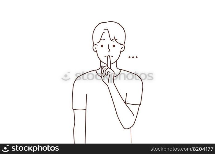 Man holding finger at lips ask be quiet. Young man make hand gesture asking for silence. Nonverbal communication. Vector illustration. . Man holding finger at lips ask for silence