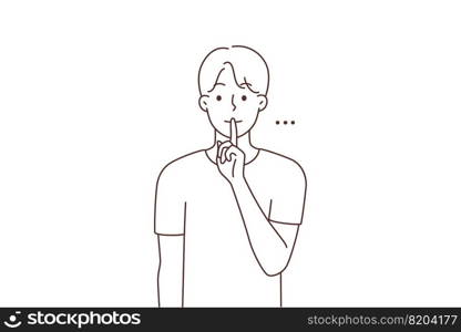 Man holding finger at lips ask be quiet. Young man make hand gesture asking for silence. Nonverbal communication. Vector illustration. . Man holding finger at lips ask for silence