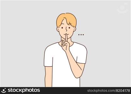 Man holding finger at lips ask be quiet. Young man make hand gesture asking for silence. Nonverbal communication. Vector illustration.. Man holding finger at lips ask for silence
