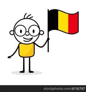 Man holding flag of Belgium isolated on white background. Hand drawn doodle line art man. Concept of country. Vector stock illustration