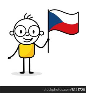 Man holding flag of Czech Republic isolated on white background. Hand drawn doodle line art man. Concept of country. Vector stock illustration