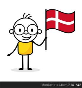 Man holding flag of Denmark isolated on white background. Hand drawn doodle line art man. Concept of country. Vector stock illustration