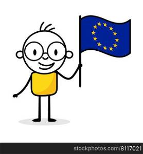 Man holding flag of European Union isolated on white background. Hand drawn doodle line art man. Concept of country. Vector stock illustration