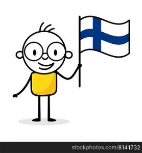Man holding flag of Finland isolated on white background. Hand drawn doodle line art man. Concept of country. Vector stock illustration