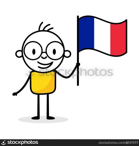 Man holding flag of France isolated on white background. Hand drawn doodle line art man. Concept of country. Vector stock illustration