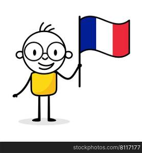 Man holding flag of France isolated on white background. Hand drawn doodle line art man. Concept of country. Vector stock illustration